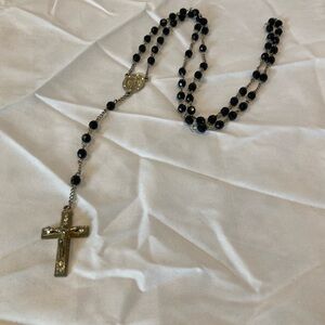 Black Beaded Rosary Necklace with Silver Cross